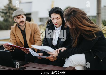 Three people engaged in a focused business meeting outdoors, analyzing and discussing paperwork with a laptop on the table. Stock Photo
