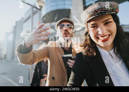 Two trendy young business colleagues are engaging in remote work using a smart phone while enjoying the sunshine in a bustling urban environment. Stock Photo