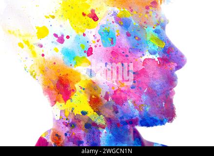 A colorful paintography male profile silhouette in double exposure ...