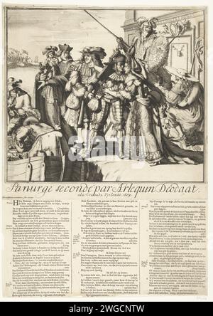 Cartoon on the departure of Jacobus II to Ireland, 1689, 1689 print Cartoon on the departure of Jacobus II to Ireland, March 1689. Jacobus says goodbye to his wife Maria van Modena who in the meantime Louis XIV Latchoost. The French king gives Jacobus a bag of money, left Father Peters (Edward Petre) with the poor child on the arm. On the right, the Cardinal and Bishop of Strasbourg complains to the Dauphin sitting on a donkey. Left front a boat is prepared for departure. Under the show a verse in 3 columns with a statement of the figures 1-8 in Dutch. Northern Netherlands paper etching / engr Stock Photo