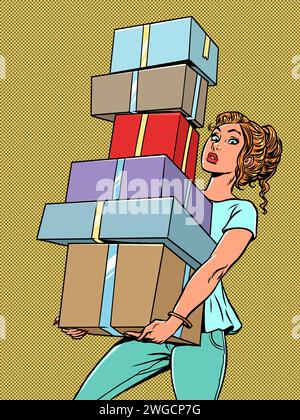 The girl is holding many boxes in her hands. Shopping everywhere, online and offline. Special offers from stores with exclusive discounts and bonuses Stock Vector