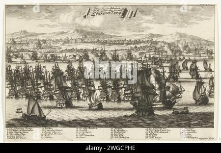 Conquest of Île de Noirmoutier by Admiraal Cornelis Tromp, 1674, 1690 - 1692 print The conquest of the French Peninsula Île de Noirmoutier by the Dutch fleet under lieutenant admiral Cornelis Tromp, Adriaen Banckert and Aert van Nes on July 4, 1674. View of the sea battle off the French coast. In the caption De Legenda 1-36. Northern Netherlands paper etching battle (+ naval force) Noirmoutier Island Stock Photo