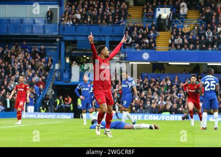 Stamford Bridge, Chelsea, London, UK. 4th Feb, 2024. Premier League Football, Chelsea versus Wolverhampton Wanderers; Matheus Cunha of Wolverhampton Wanderers celebrates his goal in the 22nd minute for 2-2. Credit: Action Plus Sports/Alamy Live News Stock Photo