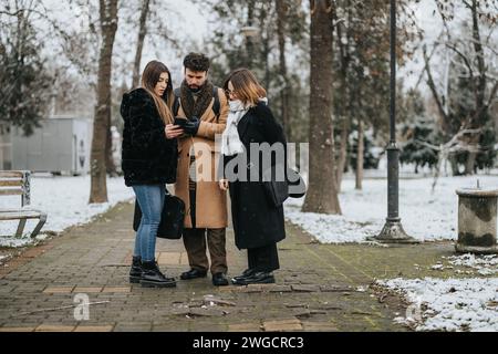 A diverse group of young business professionals huddle together, working outdoors in a snowy urban park, displaying teamwork and dedication. Stock Photo