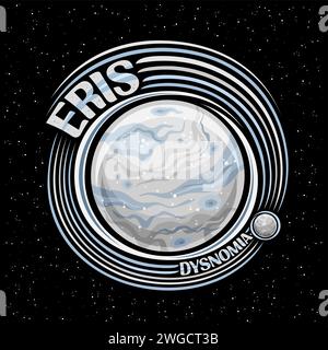 Vector logo for Dwarf Planet Eris, decorative cosmo print with moon Dysnomia rotating around grey stone planet, square space poster with unique letter Stock Vector