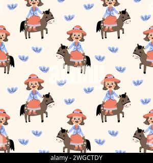 Hand drawn childish girl and horse background. Vector illustration with cartoon girl and animal character. Cute girl in dress on horse pattern.  Stock Vector