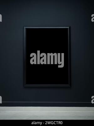 Mockup black blank space in thin square picture frame, vertical style, isolated on dark background. Empty single rectangular simple artist frame hangi Stock Photo