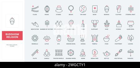 Buddhism line icons set. Prayer and yoga meditation of monk Buddhist, dharma wheel and umbrella, stone temple with bell and stupa thin black and red outline religious symbols, vector illustration Stock Vector