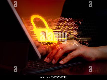 Cybercrime, Internet network security system, global online attacks hacker and privacy digital data protection concepts. Security padlock with warning Stock Photo