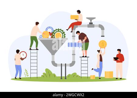 Business ideas optimization, monetization. Tiny people make money from creative ideas, monetize bright light bulbs and gears conversion through pipe machine with funnel cartoon vector illustration Stock Vector