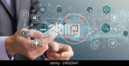 Man using tools AI. technology smart robot science and artificial intelligence technology, and innovation futuristic and global connection for Stock Photo