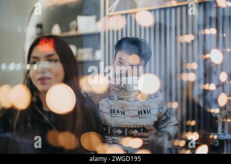 Young creative team engaging in idea generation in cozy cafe environment. Stock Photo