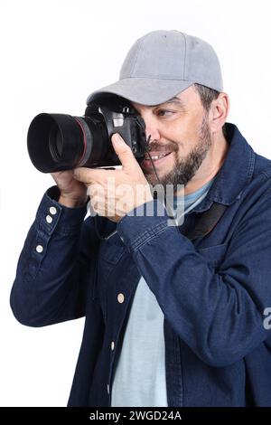 Photographer with camera isolated on white background Stock Photo