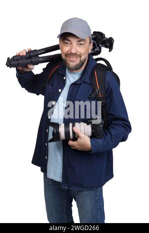 Male photographer posing with modern digital SLR camera and tripod isolated on white background Stock Photo