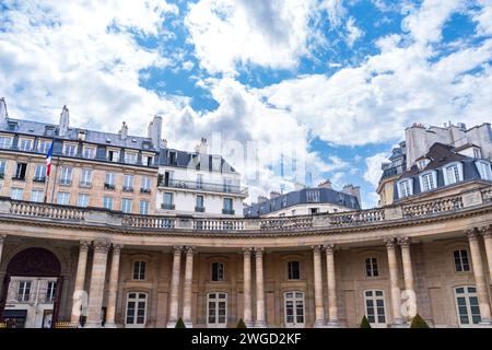 Paris, France - July 23, 2023: Exterior of National Archives Museum and residences behind entrance on Rue Des Francs Bourgeois in Marais district. Stock Photo