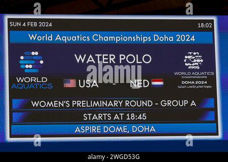 Doha, Qatar. 04th Feb, 2024. DOHA, QATAR - FEBRUARY 4: USA v Netherlands screen during the Water Polo Woman match between United States of America and Netherlands at the 2024 Doha World Aquatics Championships at Aspire Dome on February 4, 2024 in Doha, Qatar. (Photo by MTB-Photo/BSR Agency) Credit: BSR Agency/Alamy Live News Stock Photo