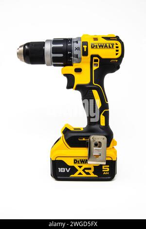 Dewalt 18V XR Brushless Combi Dril on a white background. Stock Photo
