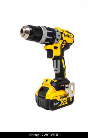 Dewalt 18V XR Brushless Combi Dril on a white background. Stock Photo