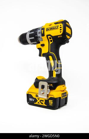 Dewalt 18V XR Brushless Combi Dril on a white background. Stock Photo