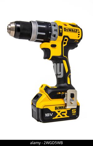 Dewalt 18V XR Brushless Combi Dril on a white background. Stock Photo