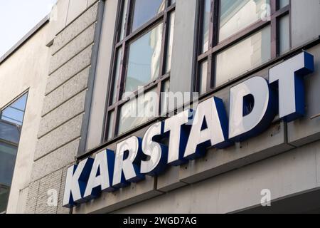 Augsburg, Bavaria, Germany - February 3, 2024: Karstadt department store logo at the Augsburg location in Bavaria *** Kaufhaus Karstadt Logo an dem Standort Augsburg in Bayern Stock Photo