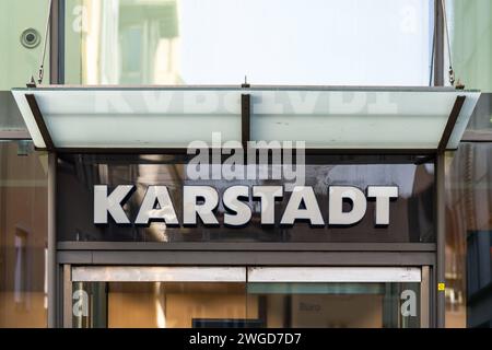 Augsburg, Bavaria, Germany - February 3, 2024: Karstadt department store logo at the Augsburg location in Bavaria *** Kaufhaus Karstadt Logo an dem Standort Augsburg in Bayern Stock Photo