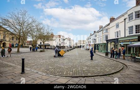 Panoramic view of Market Place seen from the Abbey end in Wells, Somerset, UK on 4 february 2024 Stock Photo