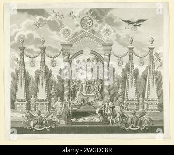 Allegory in honor of the king of Prussia for his restoration of the stadholder of Willem V, 1788, 1789 print Allegory in honor of the king of Prussia for his restoration of the stadholder of Willem V, 1788. Erebog with Prince Willem V and Princess Wilhelmina for a monument, on the right the king of Prussia and the Duke of Brunswijk. At the bottom of Prince William I in his tomb. On either side obelisks in honor of Willem II, III and IV and Princess Anna. In the foreground De Herauten of the Netherlands, the Lands Union, Great Britain and Prussia and two weapon trophies. A text sheet belongs to Stock Photo