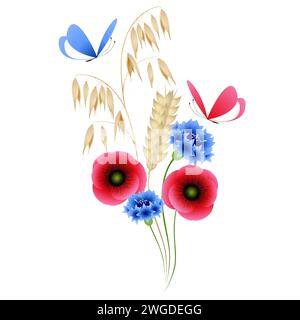 Bouquet of wild flowers and spikelets with butterflies on a white background. Stock Vector