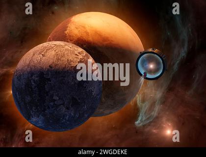 Interstellar travel and dimensional portals, spaceships exploring new planets and space-time transformation. Conquest of new worlds, exoplanets. 3d Stock Photo
