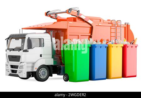 Garbage Truck with plastic garbage trash containers full of rubbish. 3D rendering isolated on white background Stock Photo