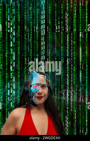 Caucasian half-humanoid half-robot woman in binary code exposes her metallic face structure with neon glow wires Stock Photo