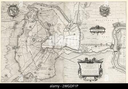 Map of the siege of Den Bosch by Frederik Hendrik, 1629, 1629 print Map of the siege of Den Bosch by the Staatse Army under Frederik Hendrik, from 1 May to 17 September 1629. Map with centrally the amplified city. At the top left of the coat of arms of Stadholder Frederik Hendrik, at the top right the Wapen van den Bosch. At the bottom right a cartouche with the French and Dutch titles. This card probably includes the seven separate cards of the approaches. print maker: Northern Netherlandspublisher: Amsterdam paper etching maps of separate countries or regions. siege, position war the Bosch Stock Photo