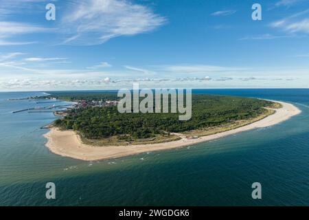 End of poland hel peninsula.Aerial view of Hel Peninsula in Poland, Baltic Sea and Puck Bay . Hel city. Photo made by drone from above. Hel beach in P Stock Photo