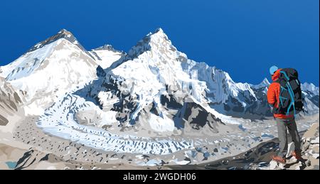 mount Everest Lhotse and Nuptse from Nepal side as seen from Pumori base camp with hiker, vector illustration, Mt Everest 8,848 m Stock Vector