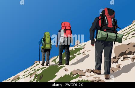 Three hikers trekkers of backpackers with a big backpacks on his back, vector illustration Stock Vector