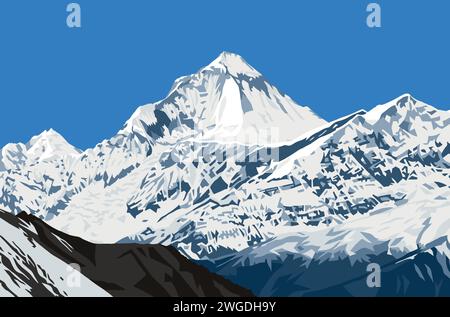 Mount Dhaulagiri peak as seen near Thorung La pass, Mount Annapurna circuit trekking trail, vector illustration, Nepal Himalayas mountains Stock Vector