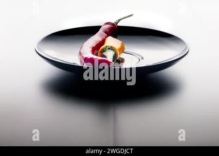 One and a half hot peppers on a black round plate. Light background. White boards. Spices in the kitchen. Stock Photo