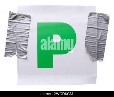 Isolated New Driver P-Plate Held On With Duct Tape Stock Photo