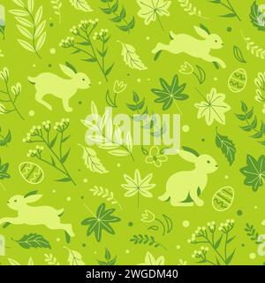 Charming rabbits are jumping in the spring meadow, happy easter. Seamless monochrome green pattern chocolate eggs, daisies and tulips. cartoon style. Stock Vector