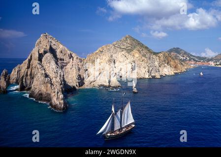 View of El Arco and the pirate ship from a parasail, Cabo San Lucas, Baja California Sur, Mexico Stock Photo