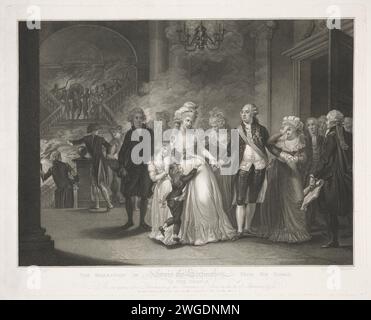 Louis XVI is separated from his family, Luigi Schiavonetti, After Charles Benazech, 1793 print View in a palace where Louis XVI says goodbye to his wife and children. In the background men with torches in a palace. Text in English in STUDMARGE. print maker: Italypublisher: London paper  ruler, sovereign. waving farewell  departure on a journey. family, descendance. torch Stock Photo