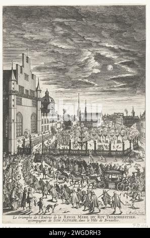 Entry of Maria de 'Medici in Brussels, 1631, 1631 - 1632 print Entry of the carriage with Maria de 'Medici and Isabella Clara Eugenia in Brussels, in the evening, July 31, 1631. The square decorated with burning pektons. Southern Netherlands paper etching Triummphal Entry and Public Reception, pageant, 'solemn entrance', 'Joyeuse entrance'. Decoration and Illumination of Streets, Squares, etc. ( Triummphal Entry, etc.) Brussels Stock Photo