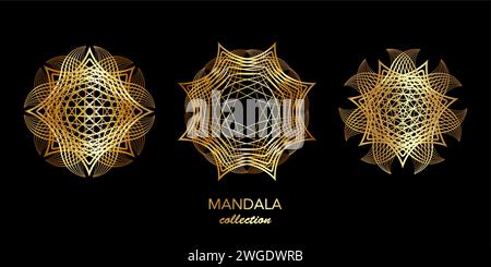 Set Golden Mandala, Abstract Geometric technological circles, wireframe logo business Concept Vector Luxury Bundles, Sacred Geometry in round gold Stock Vector