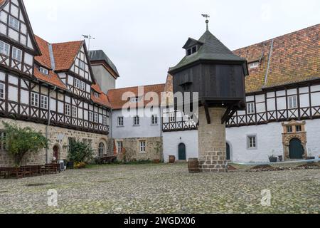 Historic half-timbered houses and pigeon house in Quedlinburg, Saxony-Anhalt, Germany Stock Photo