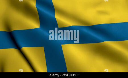 Flag of the Swedish Region Ostergotland. Waving  Fabric Satin Texture Flag of Ostergotland 3D illustration. Real Texture Flag of the Ostergotland, Swe Stock Photo