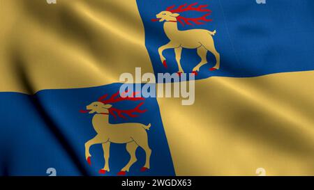 Flag of the Swedish Region Kalmar. Waving  Fabric Satin Texture Flag of Kalmar 3D illustration. Real Texture Flag of the Kalmar, Swedish Flags. Stock Photo