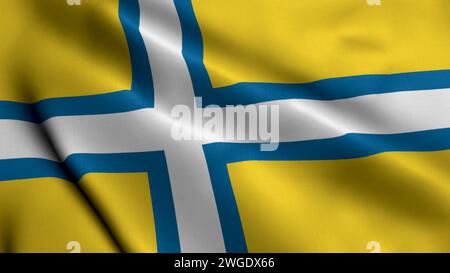 Flag of the Swedish Region West Sweden. Waving  Fabric Satin Texture Flag of West Sweden 3D illustration. Real Texture Flag of the West Sweden, Swedis Stock Photo