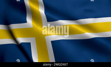 Flag of the Swedish Region Roslagen. Waving  Fabric Satin Texture Flag of Roslagen 3D illustration. Real Texture Flag of the Roslagen, Swedish Flags. Stock Photo