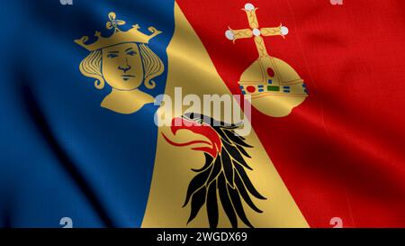 Flag of the Administrative Stockholm County in Sodermanland Province. Waving  Fabric Satin Texture Flag of Stockholm County 3d Illustration. Real Text Stock Photo